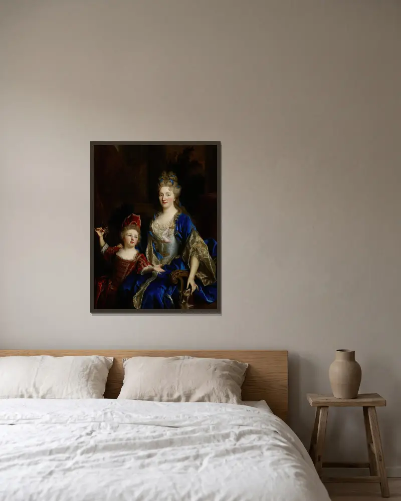 Porträtt av Catherine Coustard, markisinna av Castelnau, hustru till Charles-Léonor Aubry med sin son Léonor av Nicolas de Largillière inramad på en vägg