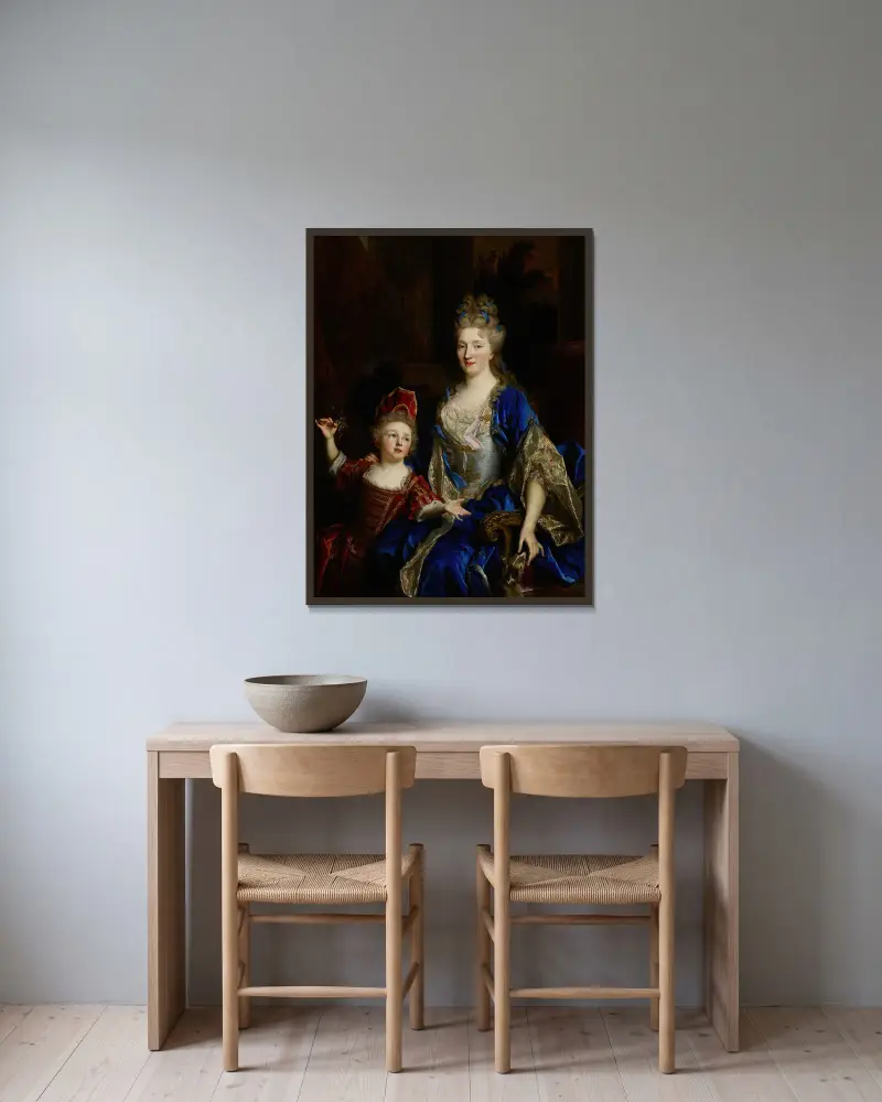 Porträtt av Catherine Coustard, markisinna av Castelnau, hustru till Charles-Léonor Aubry med sin son Léonor av Nicolas de Largillière inramad på en vägg