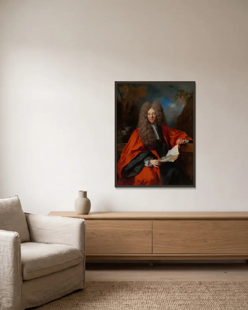 Porträtt av Charles-Léonor Aubry, markis av Castelnau av Nicolas de Largillière inramad på en vägg