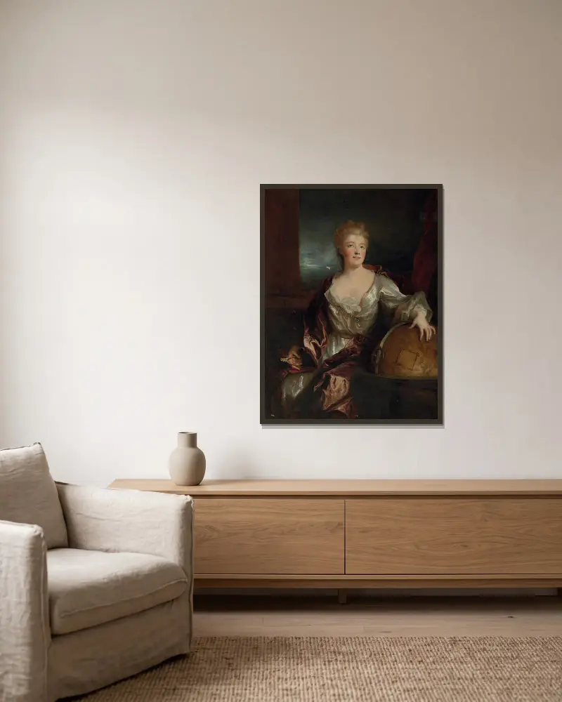 Porträtt av Gabrielle-Émilie le Tonnelier de Breteuil, markisinna du Châtelet av Nicolas de Largillière inramad på en vägg