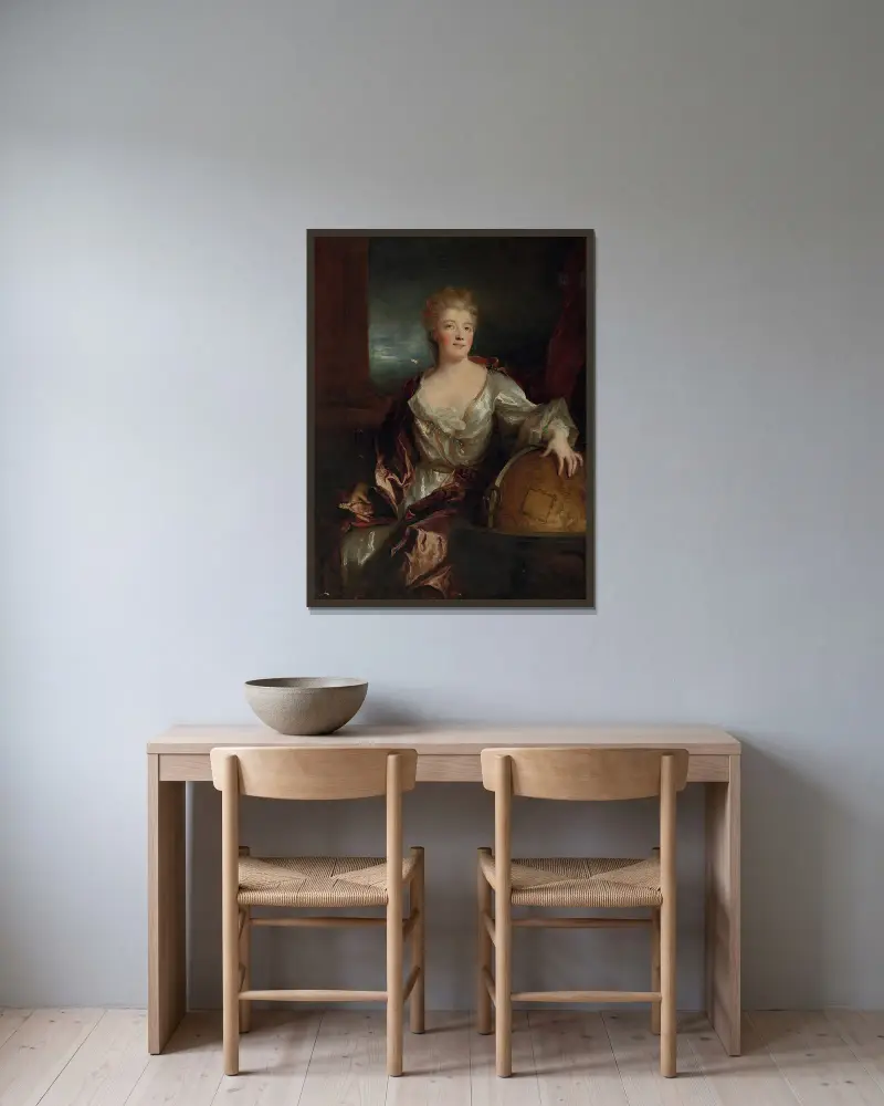 Porträtt av Gabrielle-Émilie le Tonnelier de Breteuil, markisinna du Châtelet av Nicolas de Largillière inramad på en vägg