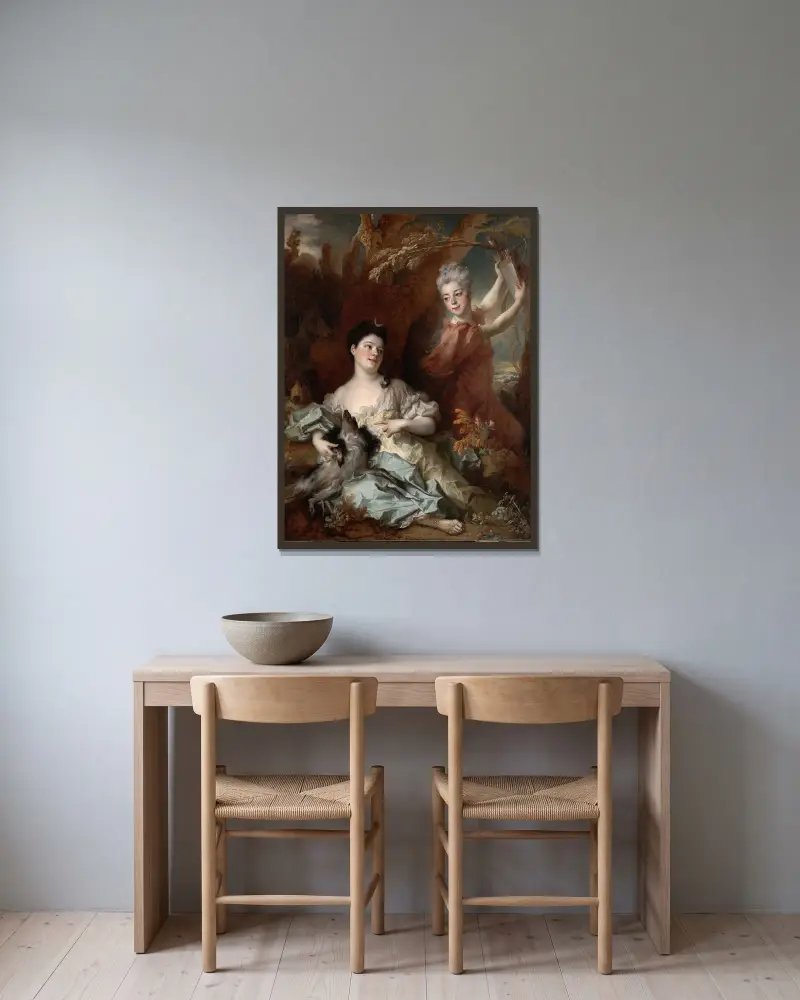 Porträtt av grevinnan de Montsoreau och hennes syster som Diana och en tjänarinna av Nicolas de Largillière inramad på en vägg