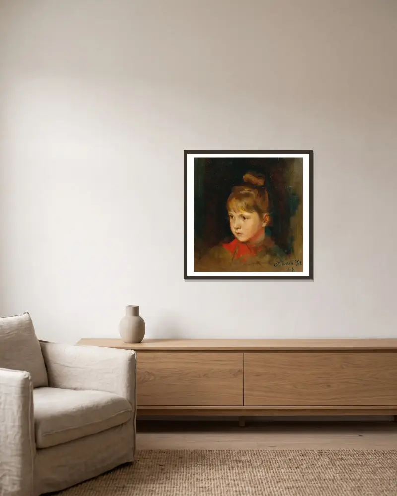 Ein blondes Mädchen mit roter Schleife von Philip Alexius de László gerahmt an einer Wand
