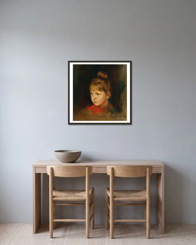 Ein blondes Mädchen mit roter Schleife von Philip Alexius de László gerahmt an einer Wand