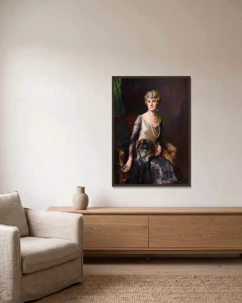Porträt von Mrs. Frederick L. Pratt, geborene Miss Jeannie Williams von Philip Alexius de László gerahmt an einer Wand