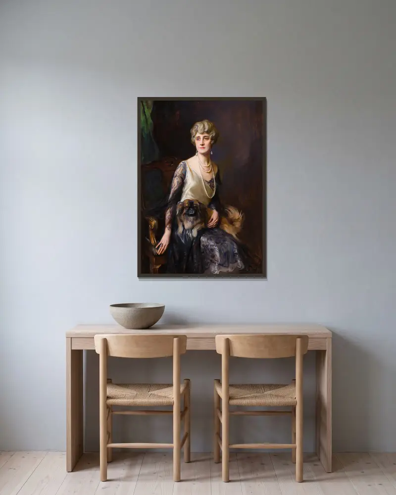 Porträt von Mrs. Frederick L. Pratt, geborene Miss Jeannie Williams von Philip Alexius de László gerahmt an einer Wand