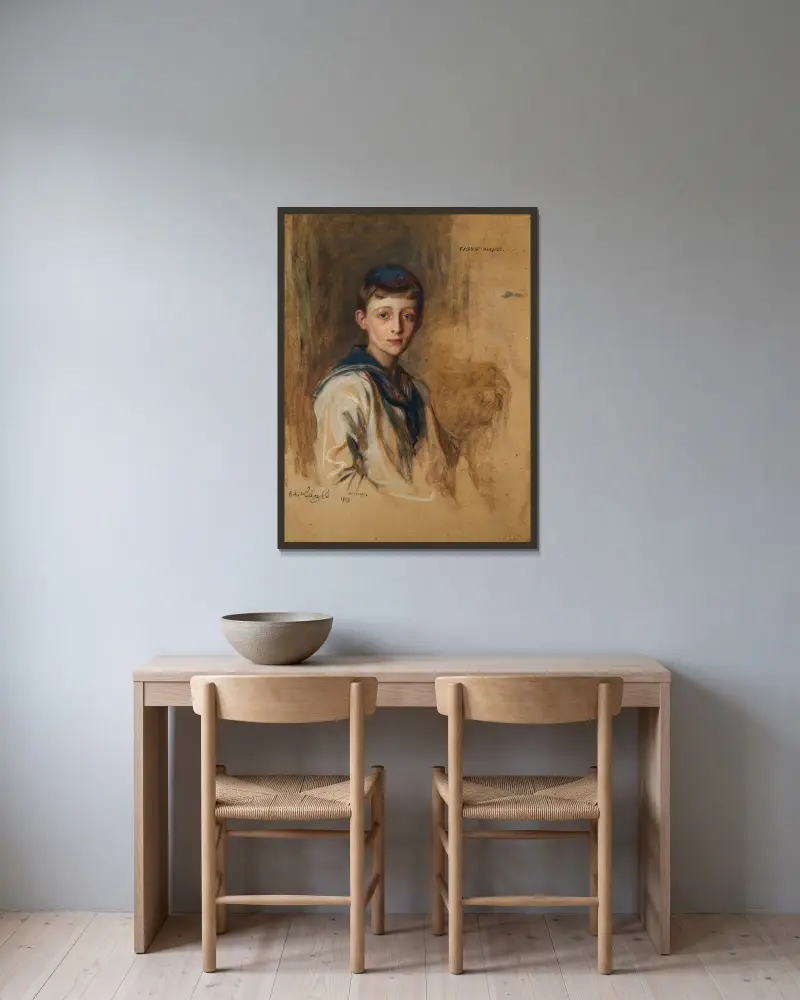 Porträtt av Frederik-August Graf zu Rantzau (1895–1945) som barn i sjömanskostym av Philip Alexius de László inramad på en vägg