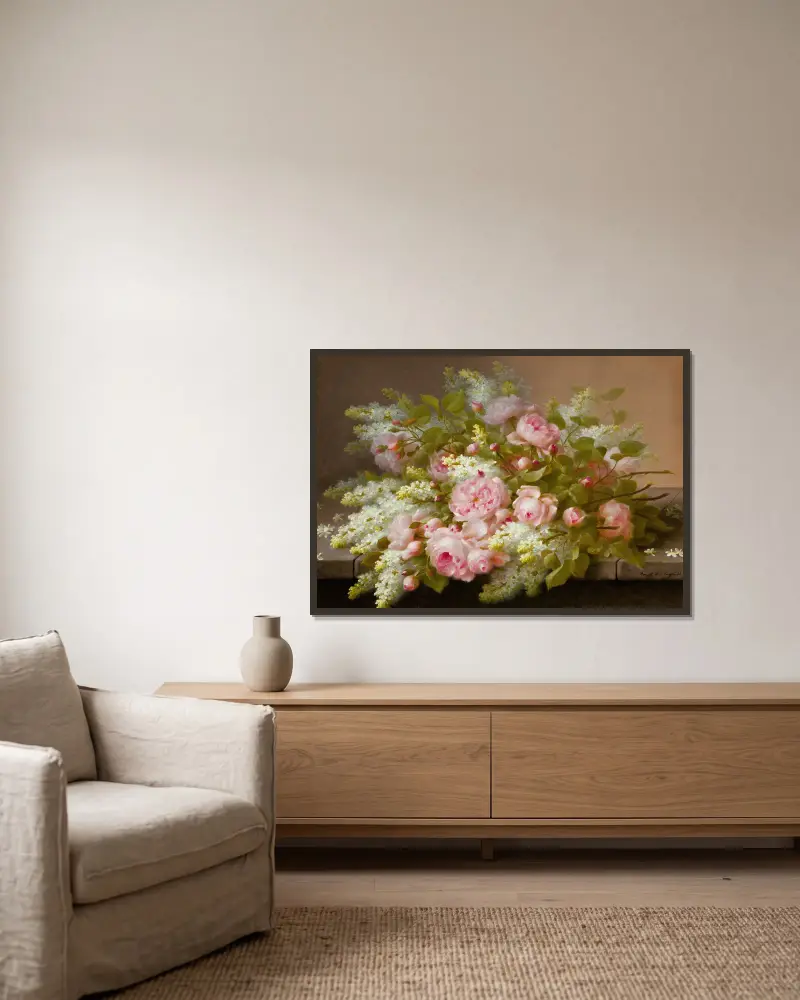 Floral Still Life av Raoul M. De Longpré inramad på en vägg