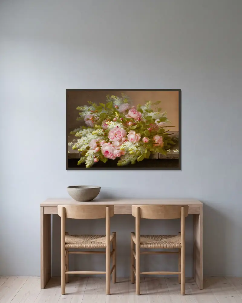 Floral Still Life av Raoul M. De Longpré inramad på en vägg