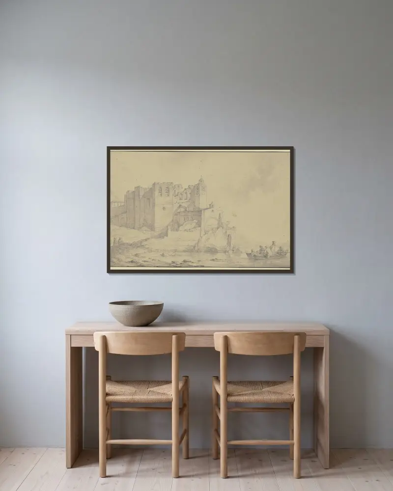 Blick auf ein altes Schloss an der Rhône von Philip James de Loutherbourg gerahmt an einer Wand