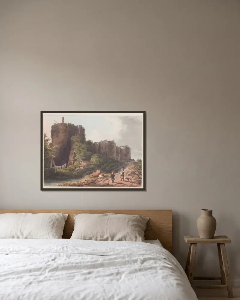 Chepstow Castle i Monmouthshire av Philip James de Loutherbourg inramad på en vägg