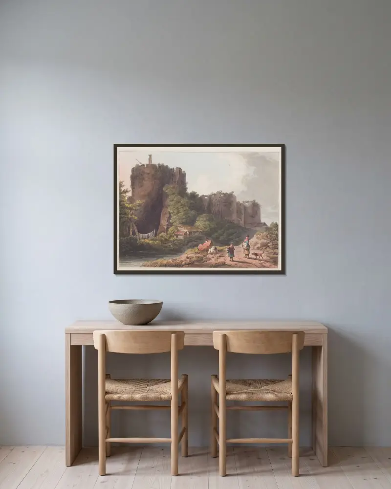 Chepstow Castle i Monmouthshire av Philip James de Loutherbourg inramad på en vägg