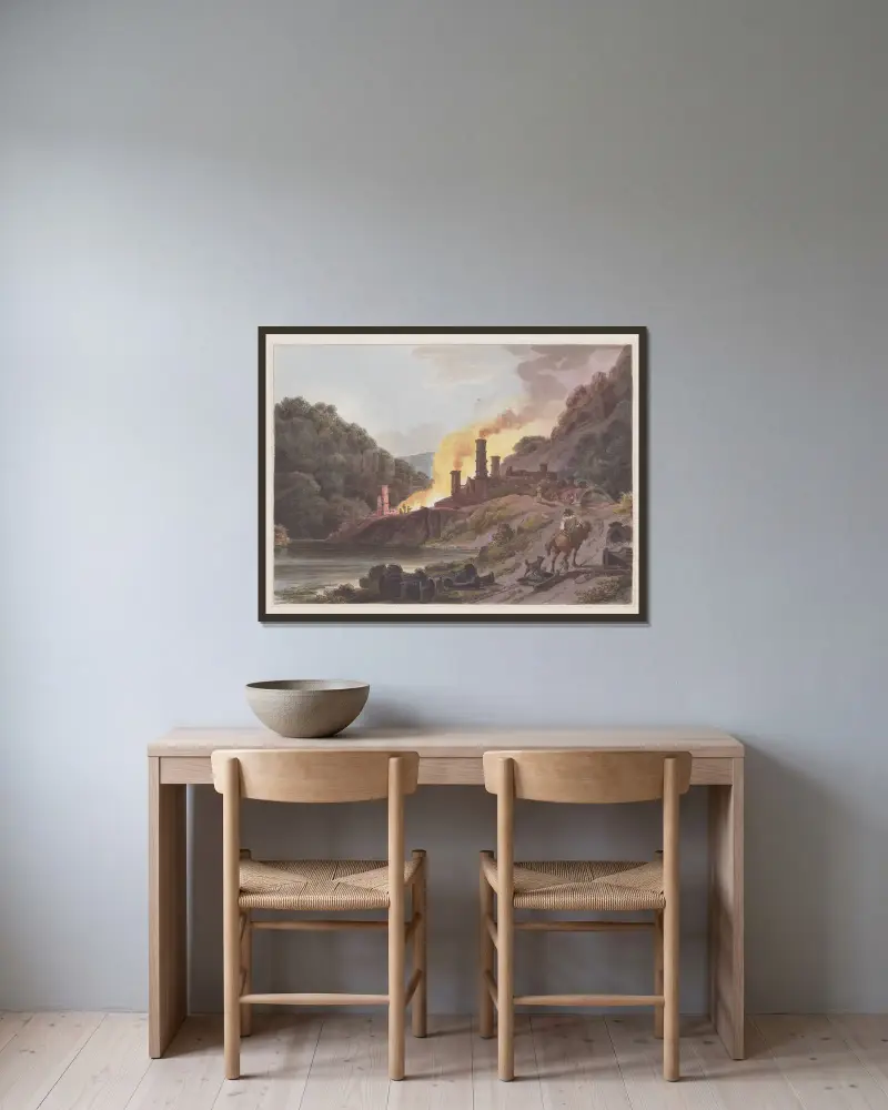 Järnverket i Colebrook Dale av Philip James de Loutherbourg inramad på en vägg