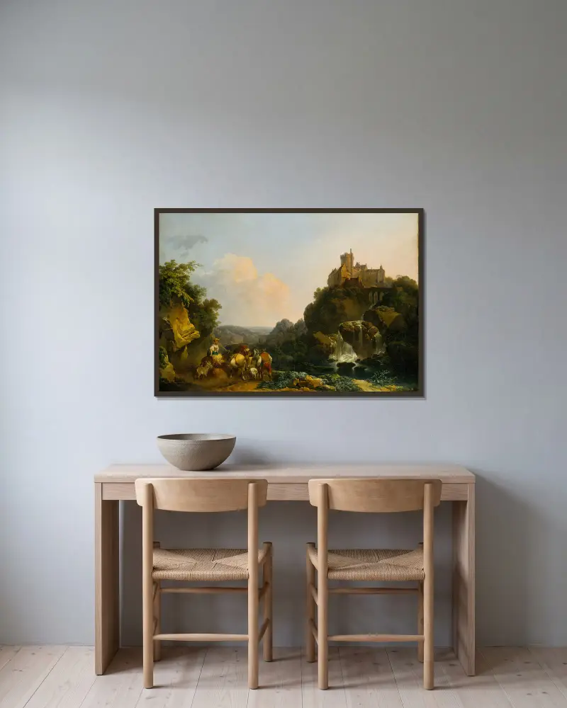 Landskap med vattenfall, slott och bönder av Philip James de Loutherbourg inramad på en vägg