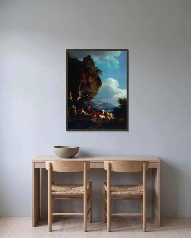 Herdeidyll av Philip James de Loutherbourg inramad på en vägg