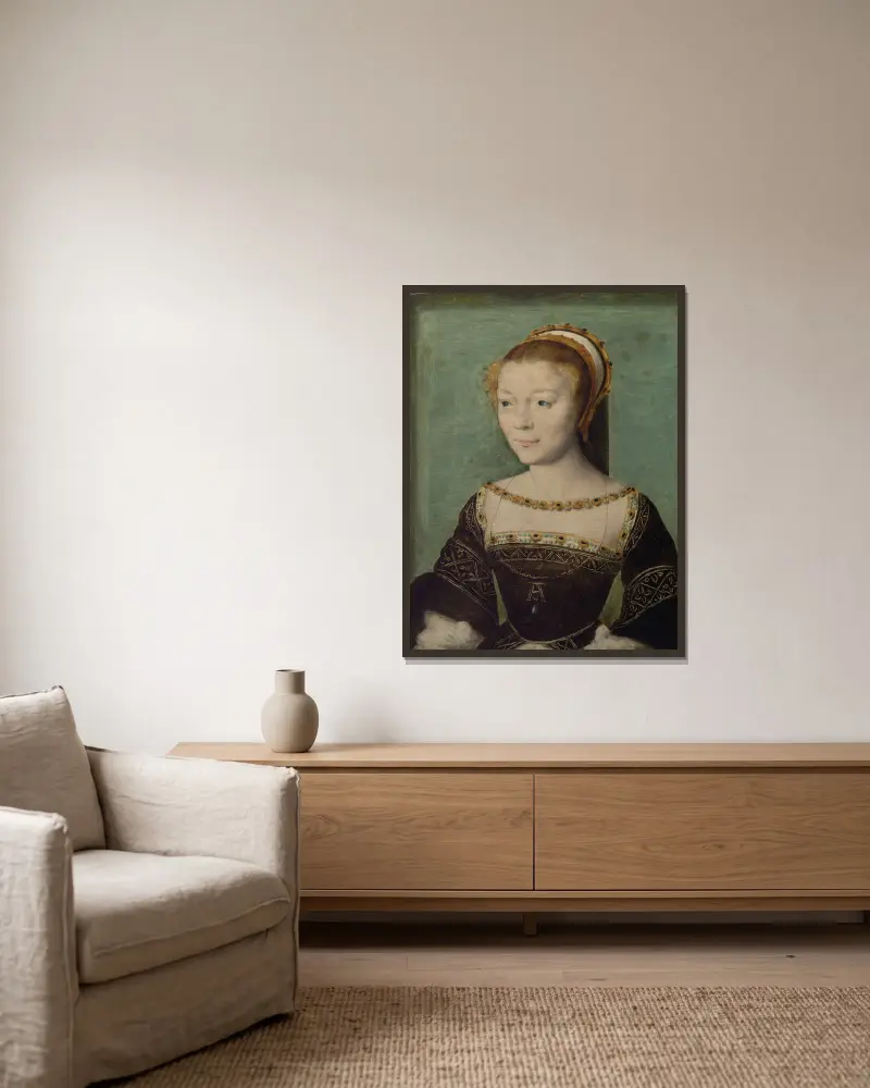 Anne de Pisseleu (1508–1576), hertiginna av Étampes av Corneille de Lyon inramad på en vägg