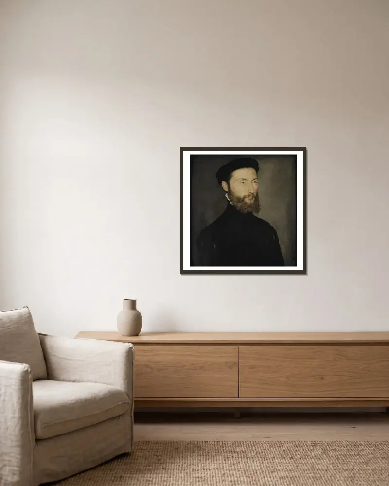 Porträtt av skäggig man, tidigare kallat Charles de Cossé-Brissac av Corneille de Lyon inramad på en vägg