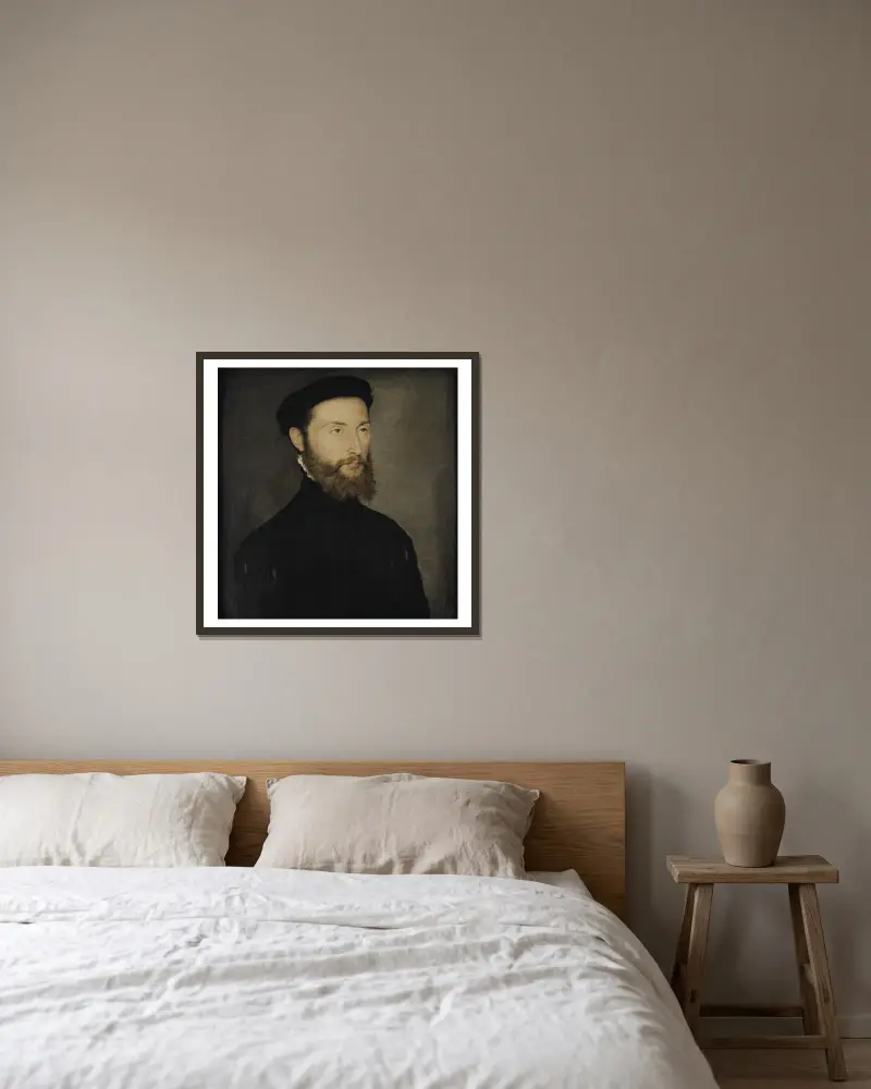 Porträtt av skäggig man, tidigare kallat Charles de Cossé-Brissac av Corneille de Lyon inramad på en vägg