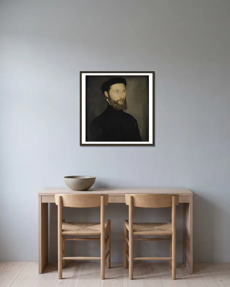 Porträtt av skäggig man, tidigare kallat Charles de Cossé-Brissac av Corneille de Lyon inramad på en vägg