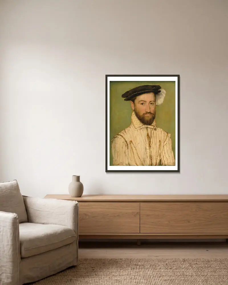 Porträt eines bärtigen Herrn mit schwarzer Baskenmütze und weißer Feder von Corneille de Lyon gerahmt an einer Wand