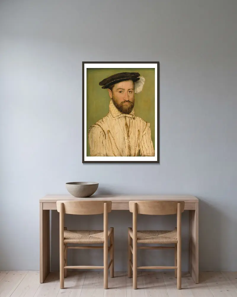 Porträt eines bärtigen Herrn mit schwarzer Baskenmütze und weißer Feder von Corneille de Lyon gerahmt an einer Wand