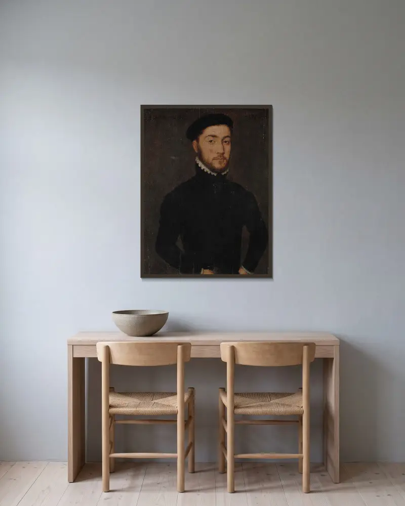 Porträtt av en herre – nr 2 av Corneille de Lyon inramad på en vägg