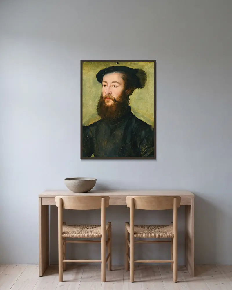 Porträtt av en herre – nr 1 av Corneille de Lyon inramad på en vägg