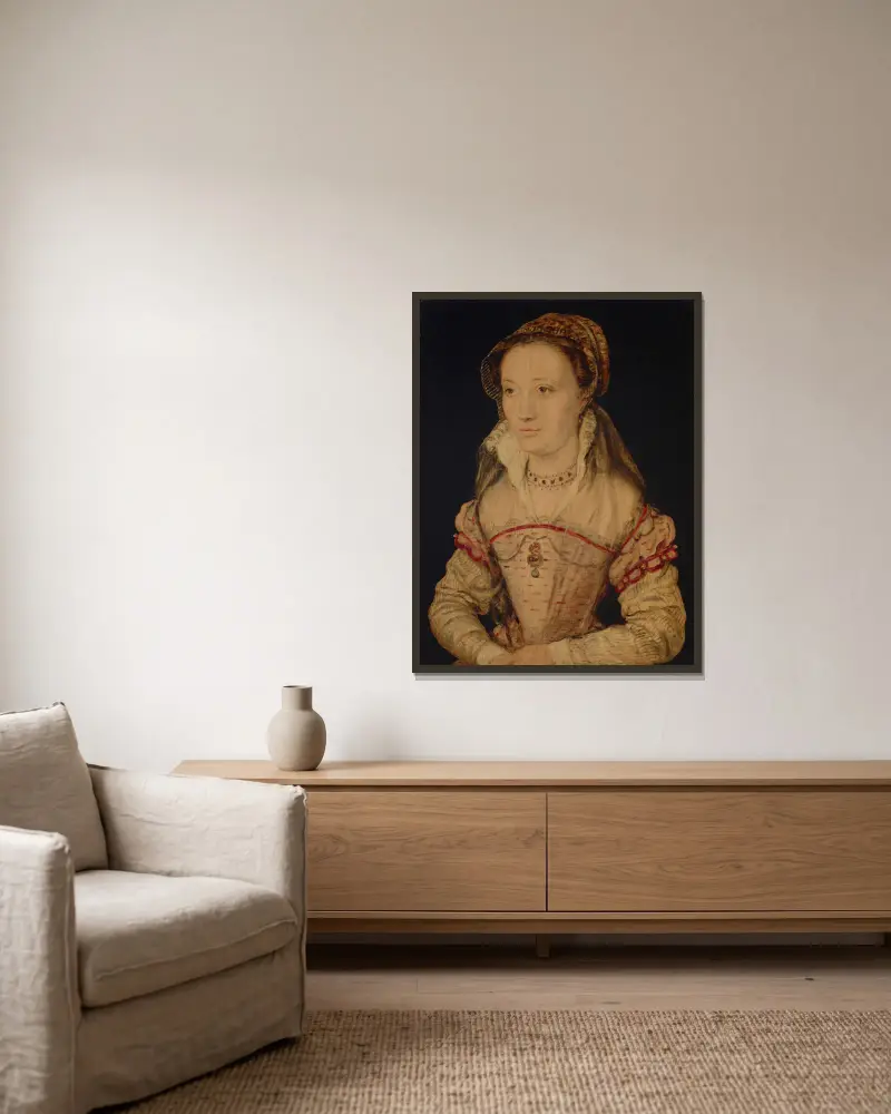 Porträtt av en dam, halvfigur, traditionellt identifierad som Marie de Lorraine av Corneille de Lyon inramad på en vägg