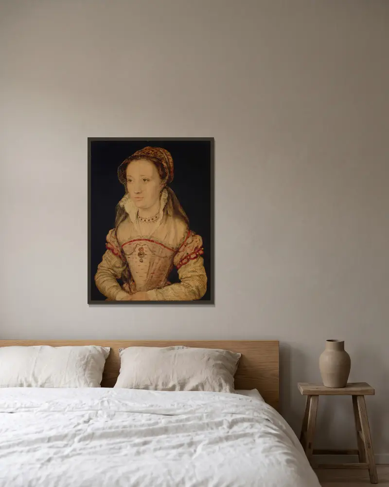 Porträtt av en dam, halvfigur, traditionellt identifierad som Marie de Lorraine av Corneille de Lyon inramad på en vägg
