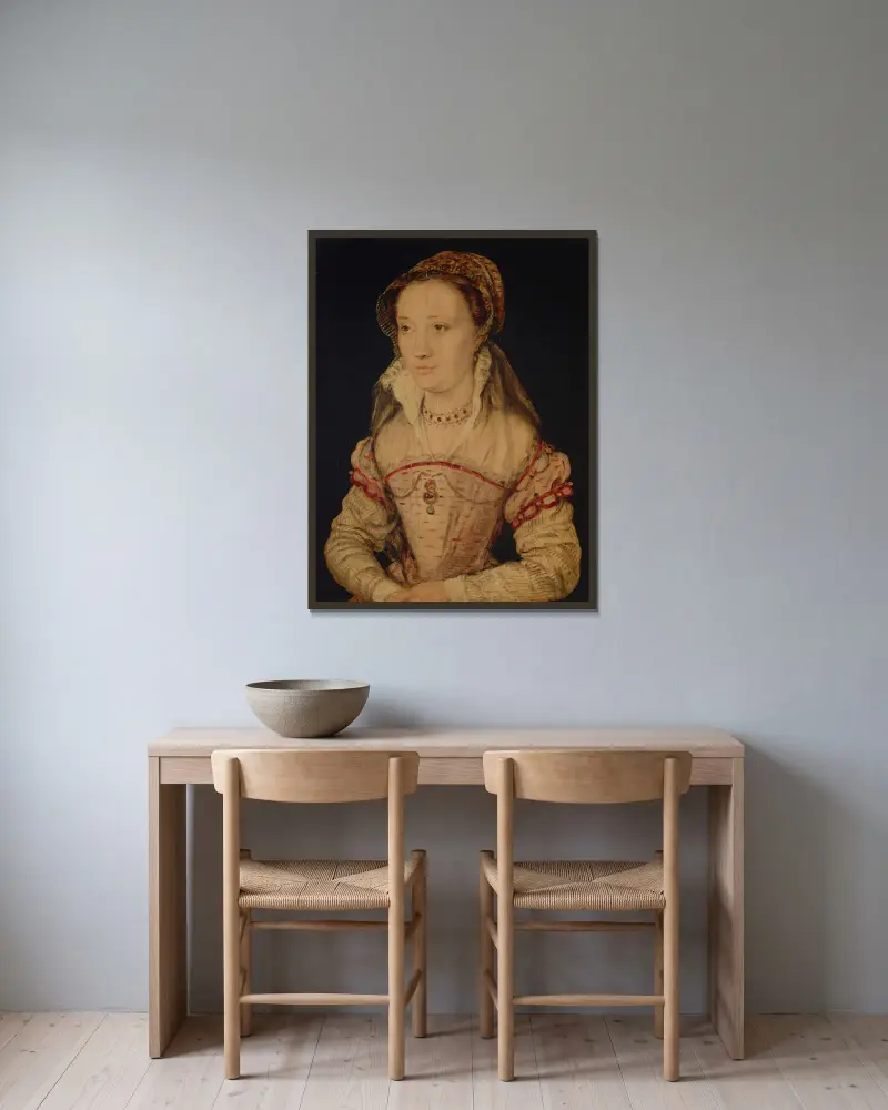 Porträtt av en dam, halvfigur, traditionellt identifierad som Marie de Lorraine av Corneille de Lyon inramad på en vägg