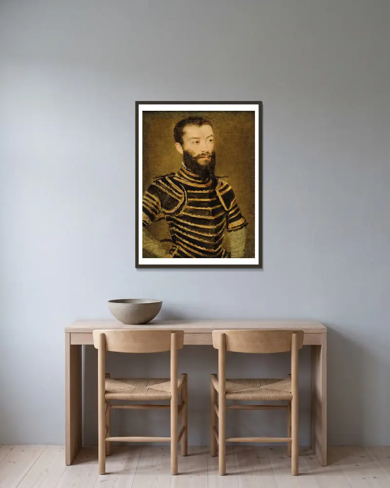 Porträtt av en man i rustning av Corneille de Lyon inramad på en vägg