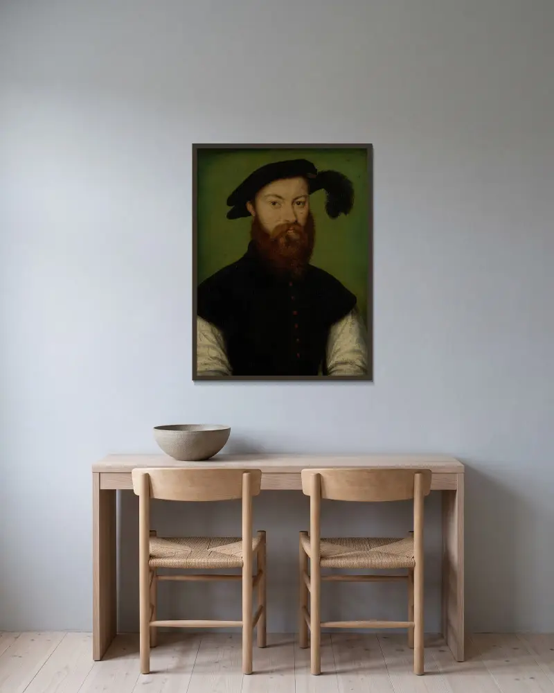 Porträtt av en man med svartplymad hatt av Corneille de Lyon inramad på en vägg