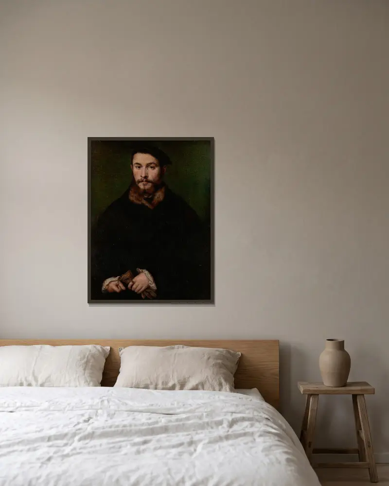 Porträtt av en man med handskar, 1535 av Corneille de Lyon inramad på en vägg