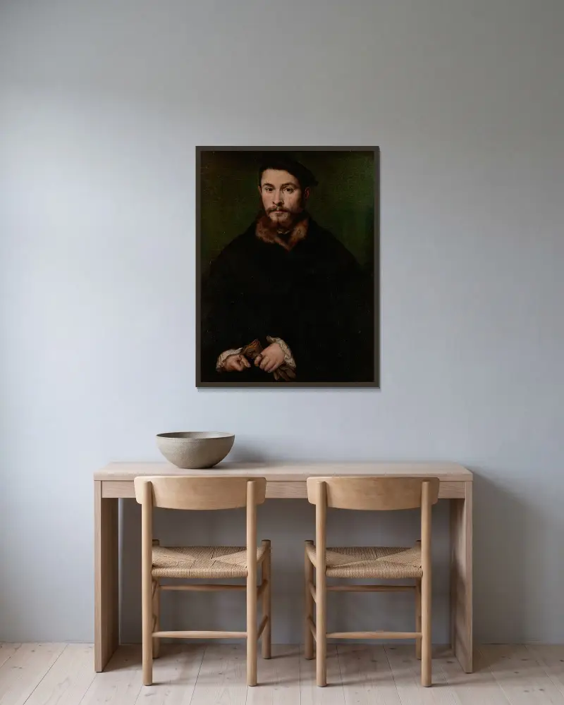 Porträtt av en man med handskar, 1535 av Corneille de Lyon inramad på en vägg