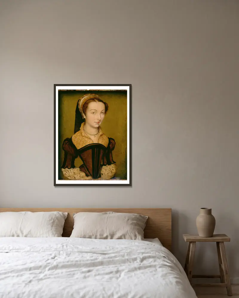 Porträtt av Louise de Halluin, dame de Cipierre av Corneille de Lyon inramad på en vägg