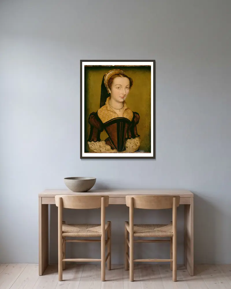 Porträtt av Louise de Halluin, dame de Cipierre av Corneille de Lyon inramad på en vägg