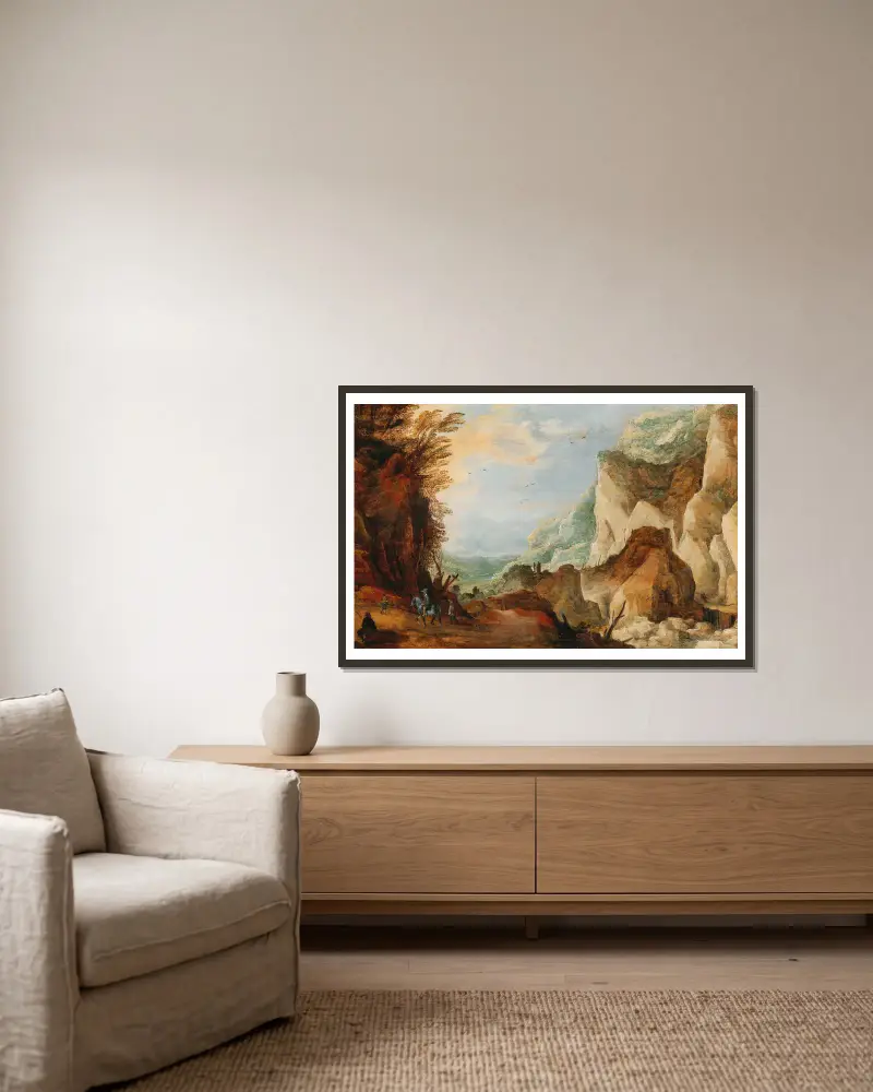 Eine Berglandschaft mit Reisenden – Nr. 2 von Joos de Momper gerahmt an einer Wand