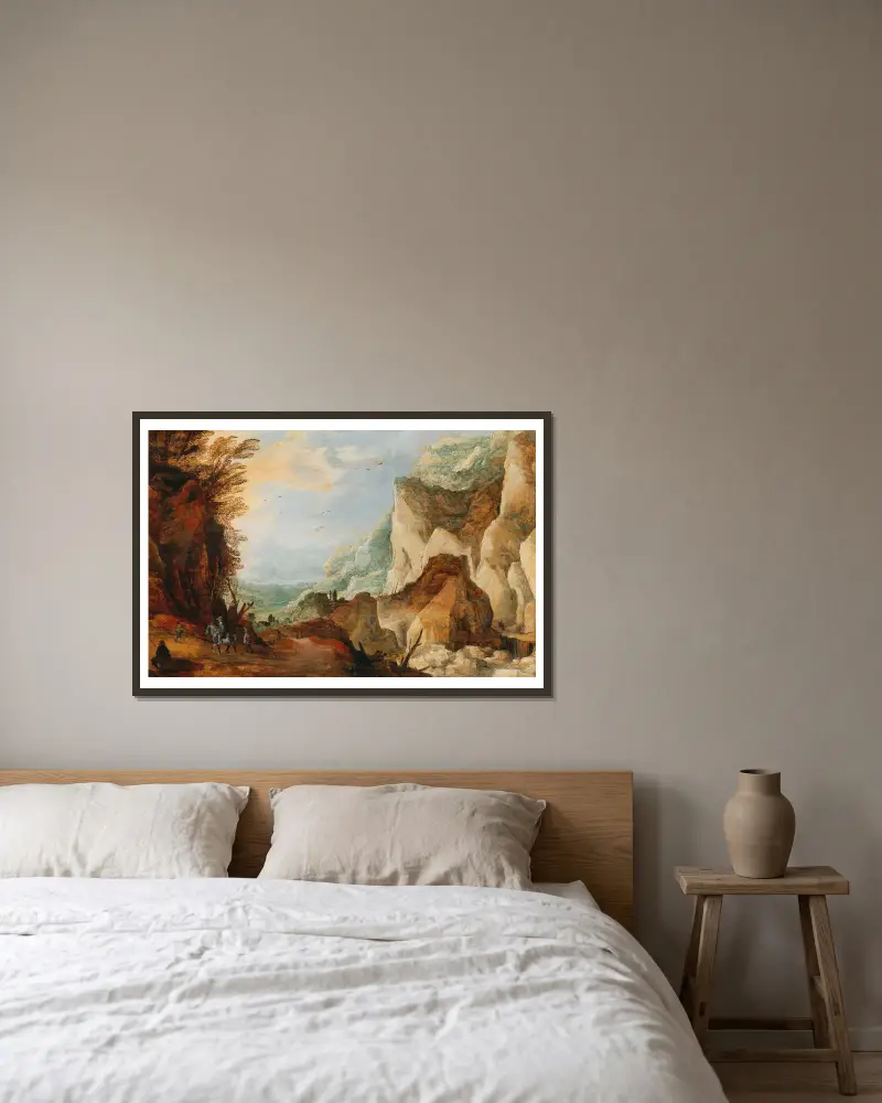 Eine Berglandschaft mit Reisenden – Nr. 2 von Joos de Momper gerahmt an einer Wand
