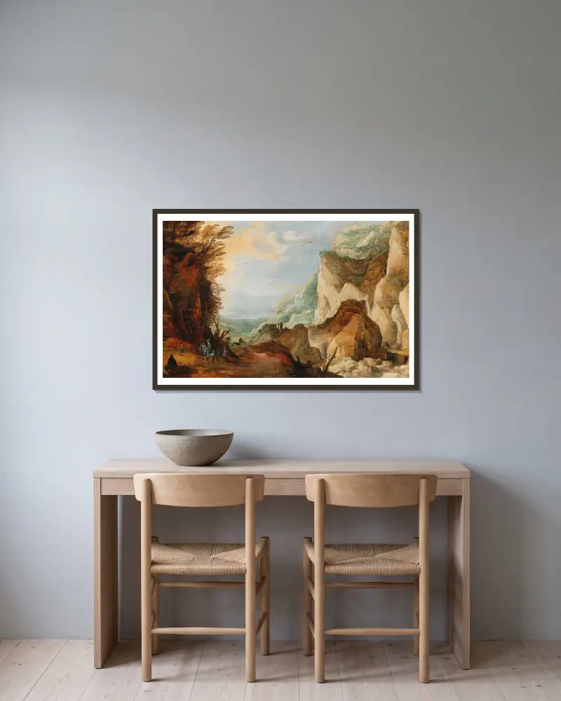 Eine Berglandschaft mit Reisenden – Nr. 2 von Joos de Momper gerahmt an einer Wand