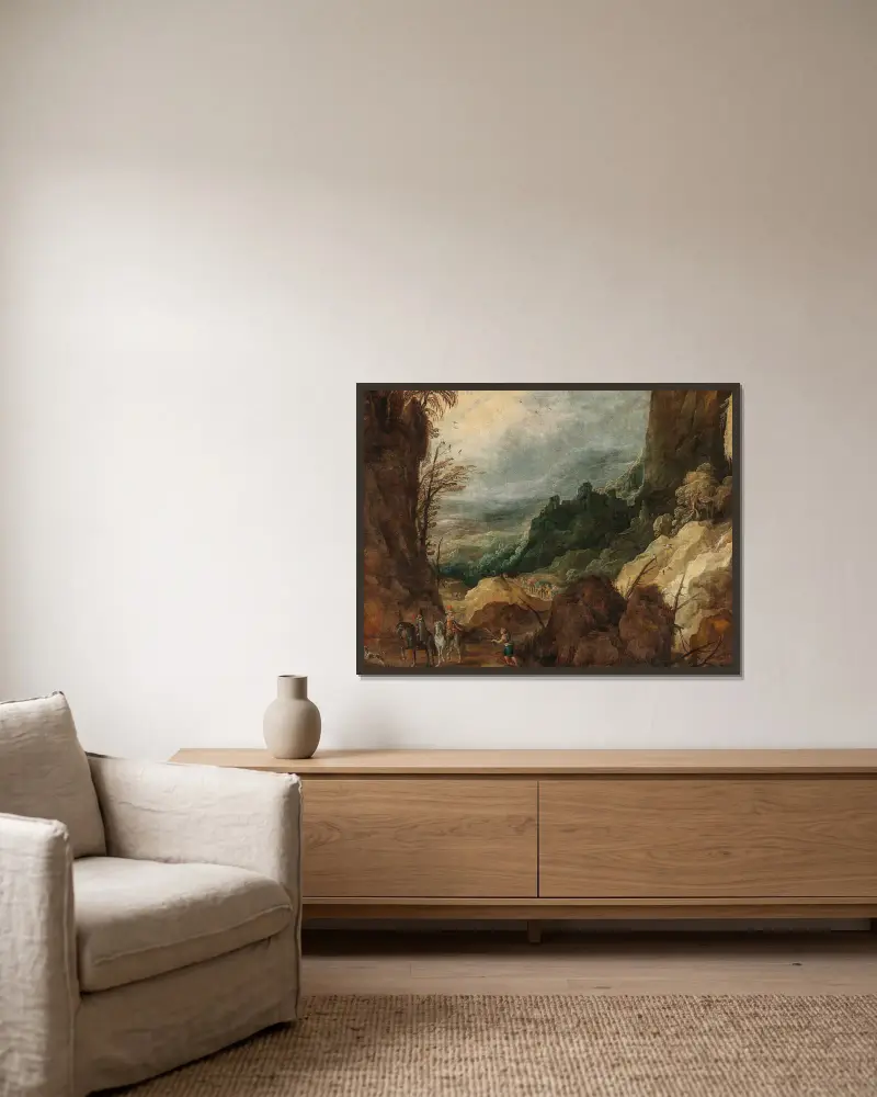 A mountainous landscape with travellers – nr 1 av Joos de Momper inramad på en vägg