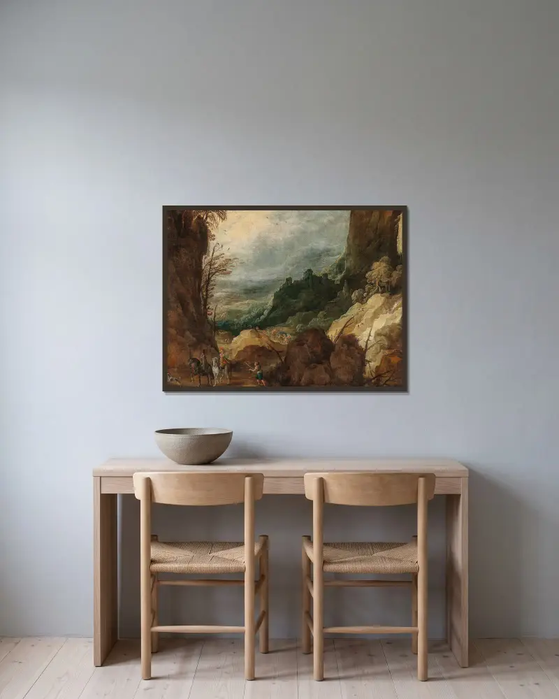 A mountainous landscape with travellers – nr 1 av Joos de Momper inramad på en vägg