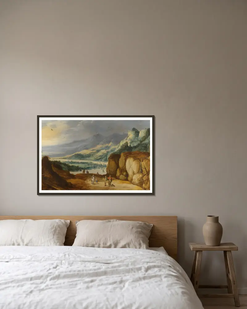 An Extensive Mountainous River Landscape With Horsemen Conversing On A Raised Plateau av Joos de Momper inramad på en vägg