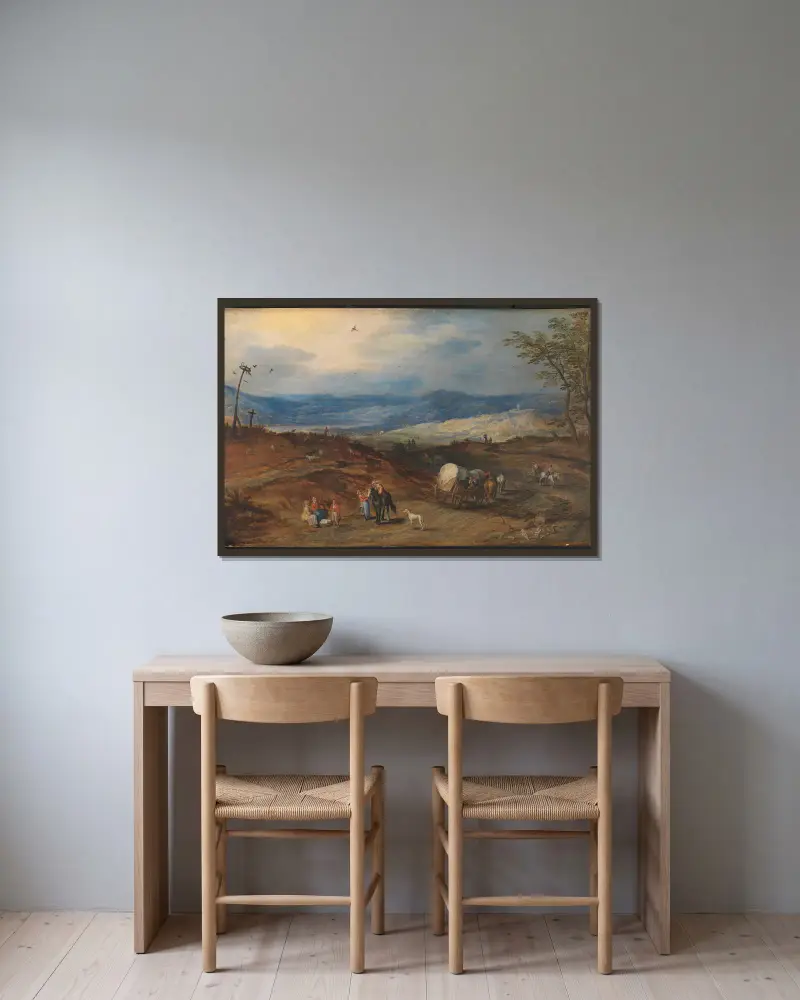 Landskap med en väg som leder förbi en avrättningsplats av Joos de Momper inramad på en vägg
