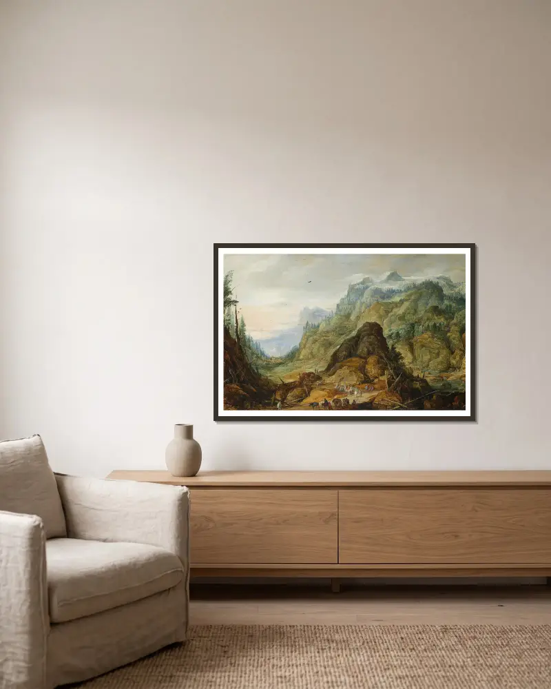 Berglandschaft mit Karawane von Joos de Momper gerahmt an einer Wand