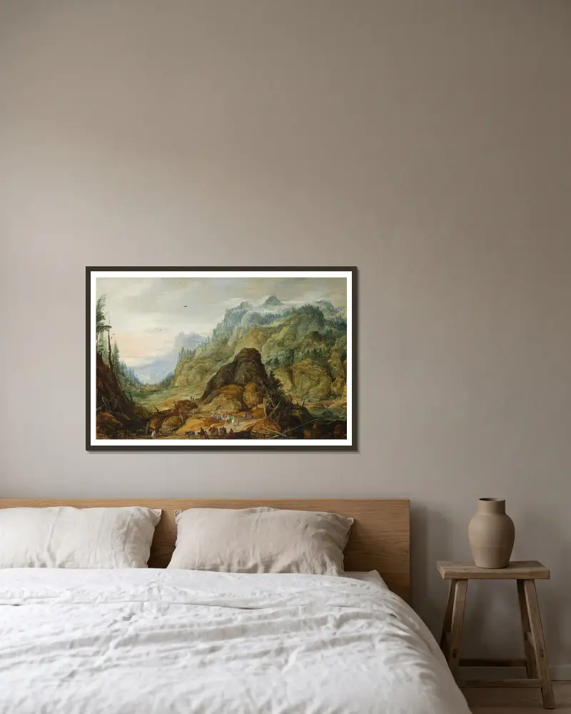 Berglandschaft mit Karawane von Joos de Momper gerahmt an einer Wand