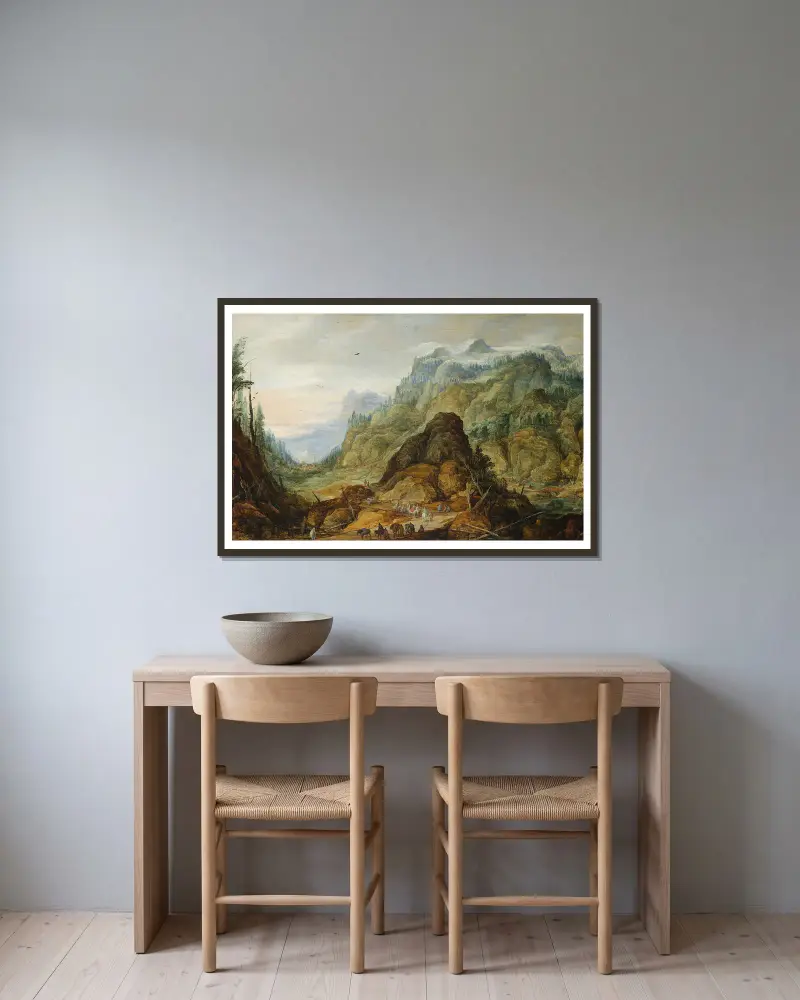 Berglandschaft mit Karawane von Joos de Momper gerahmt an einer Wand