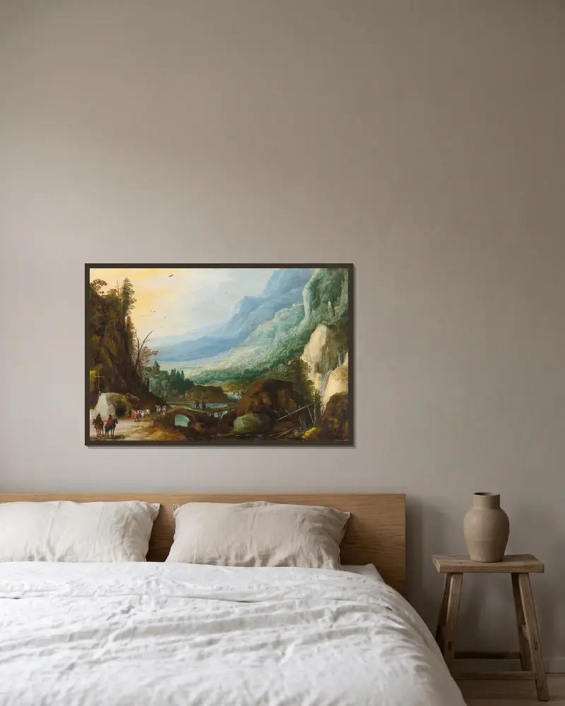 Mountainous Landscape With A Bridge Across A River av Joos de Momper inramad på en vägg