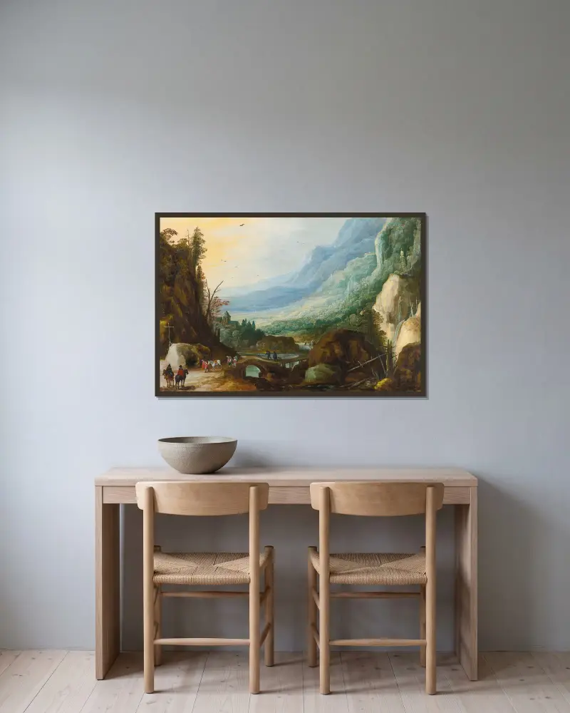 Mountainous Landscape With A Bridge Across A River av Joos de Momper inramad på en vägg
