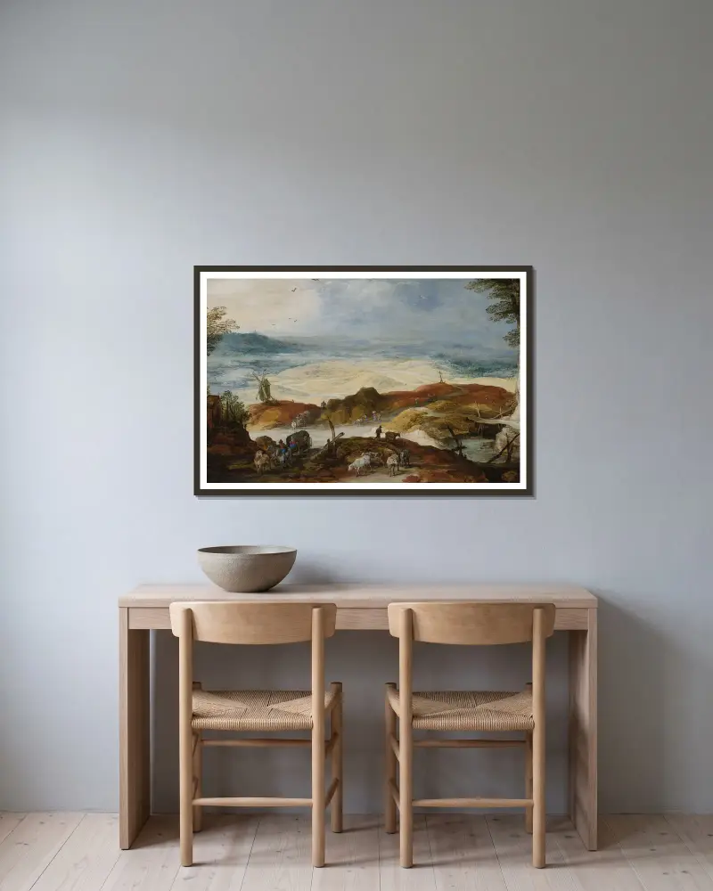 Sandy landscape with travellers and cattle av Joos de Momper inramad på en vägg