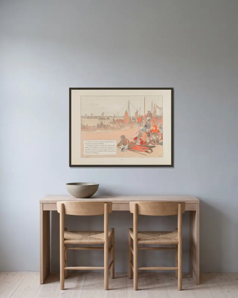 Jeanne d’Arc, Tafel 11 von Louis Maurice Boutet de Monvel gerahmt an einer Wand